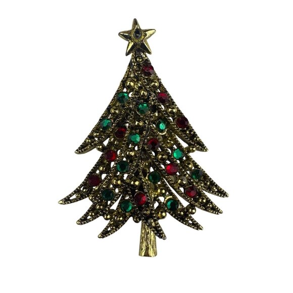 Mollycraft Women’s Gold Tone Christmas Tree Rhinestone Brooch Pin - Picture 1 of 6